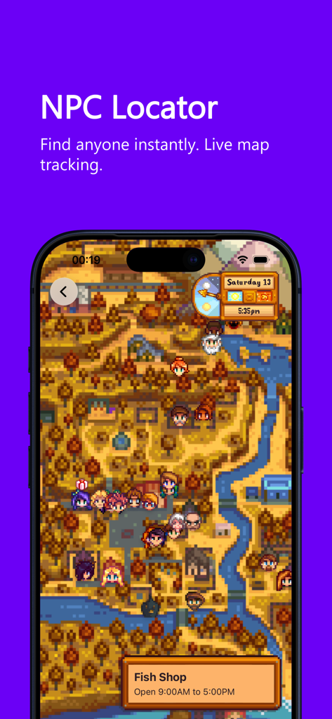 Stardew Guide & Tracker - Interfaz de la aplicación Guía y Rastreador de Stardew que muestra las ubicaciones de los PNJ en un mapa en vivo de Pueblo Pelícano