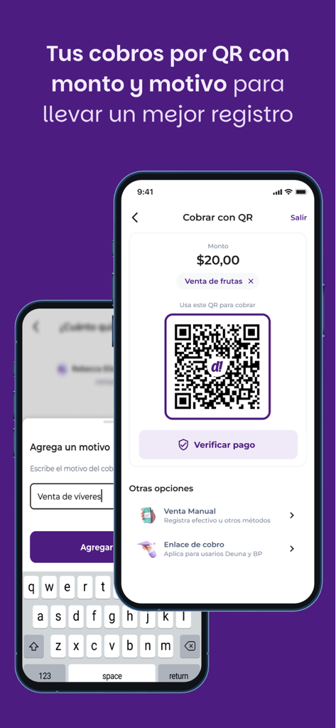 Deuna Negocios: cobra fácil - Pantalla móvil mostrando un pago con código QR con una nota de venta personalizada en la app Deuna Negocios.