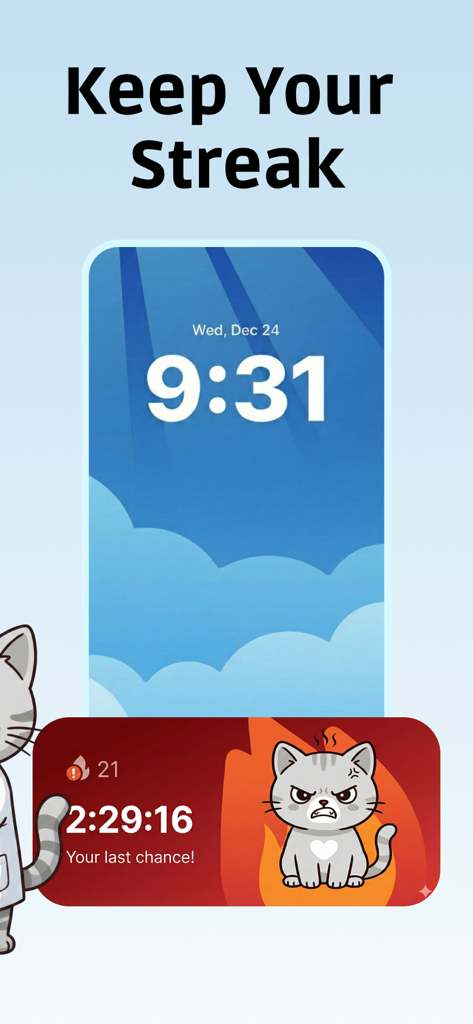 A lock screen widget showing a countdown timer and an angry cat mascot for the Enzo health tracking app.