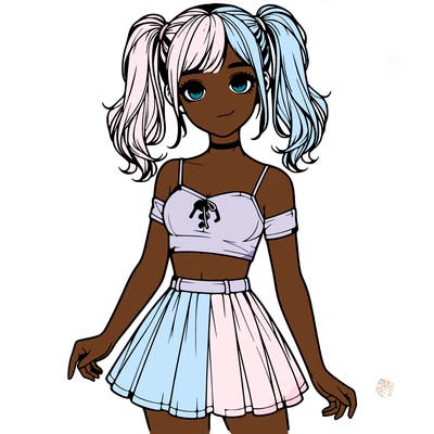 realistic girl in a skirt crop top and pigtails