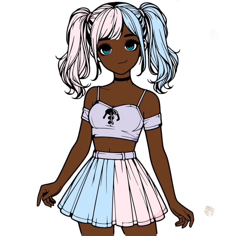 realistic girl in a skirt crop top and pigtails