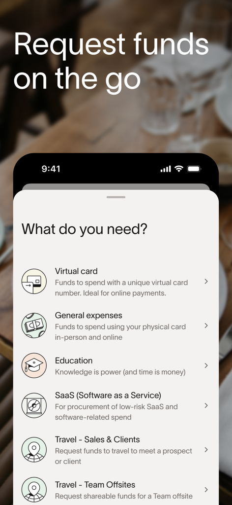 Ramp - Ramp app menu for requesting funds for virtual cards business travel and software expenses