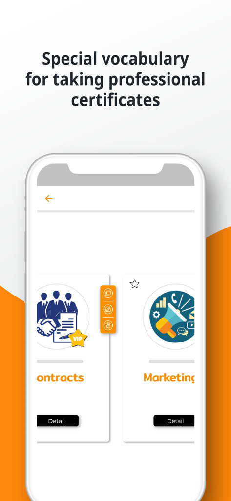 PORO - English Vocabulary - Mobile screen showing business English vocabulary for professional certificates including marketing and contracts topics