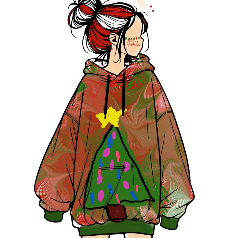 realistic girl with a oversized sweatshirt on and a bun