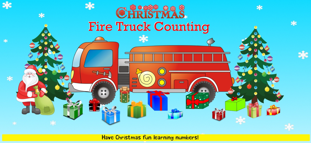 A colorful Christmas themed educational screen with a red fire truck, Santa Claus, decorated trees, and gift boxes for learning numbers.