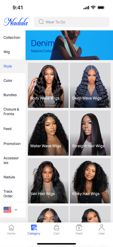 Nadula Wig - Nadula Wig app category screen showing various hair styles including body wave, deep wave, and straight wigs for women.