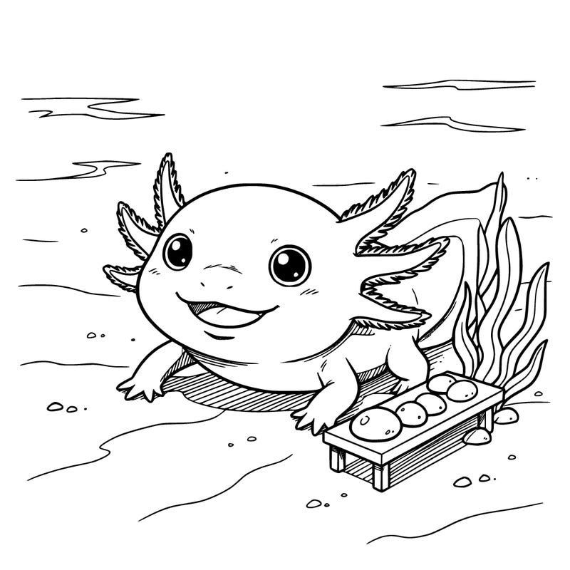 i want a smiling axolotl at the bottom of the ocean just barely above the sand with a few shelves off to the side right by it and some seaweed and after the distance is all water there’s nothing but water out to the distance