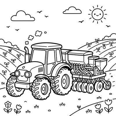 Get ready for a charming farm adventure with this delightful coloring page featuring a friendly tractor pulling a seed planter. Kids will love bringing this cheerful agricultural scene, complete with growing crops and a happy sun, to vibrant life.
