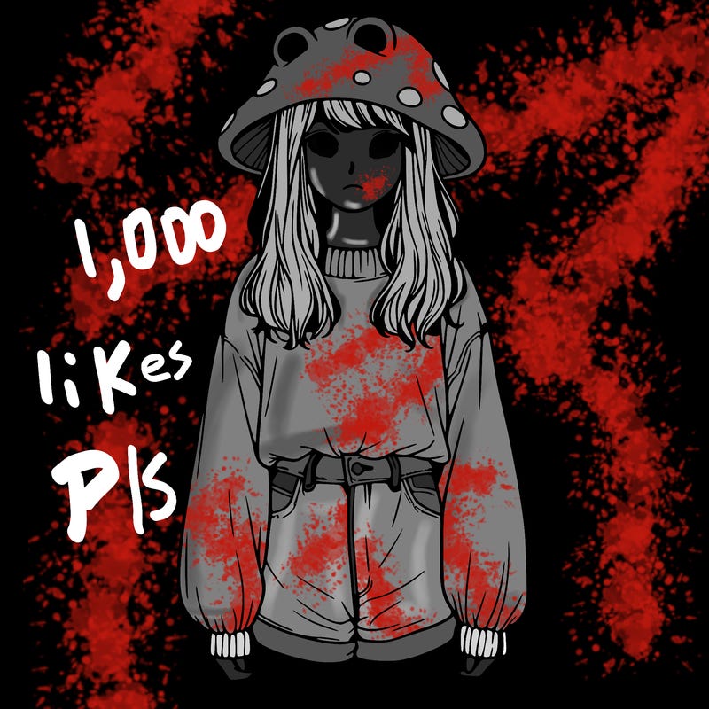 a realistic girl with a frog hat and baggy mushroom shirt