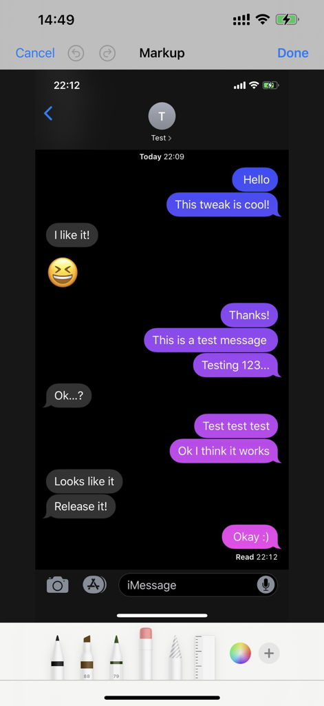 SMS Backup and Restore - Conversation iMessage en cours d'édition avec des outils de balisage pour une sauvegarde visuelle.