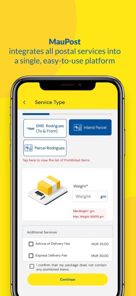 MauPost - MauPost-App-Oberfläche zur Auswahl von Postdiensttypen und Eingabe des Paketgewichts