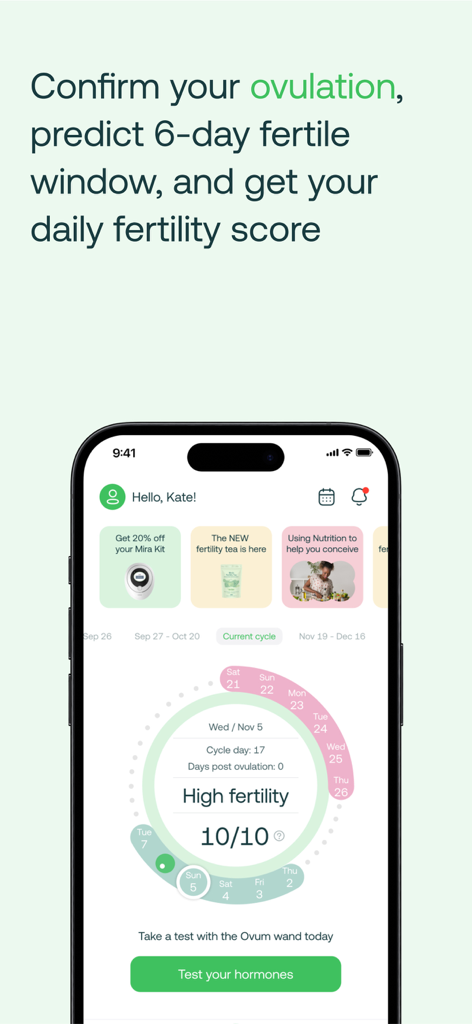 Mira Fertility app interface displaying a high fertility score and ovulation tracking dashboard