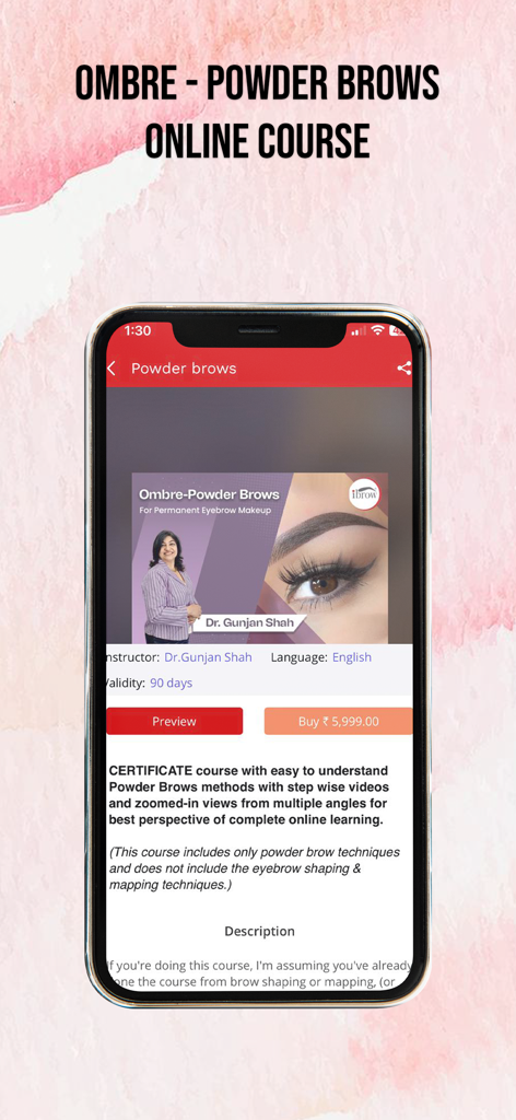 Oberfläche der mobilen App ibrow Academy für den Online-Kurs Ombre Powder Brows von Dr. Gunjan Shah