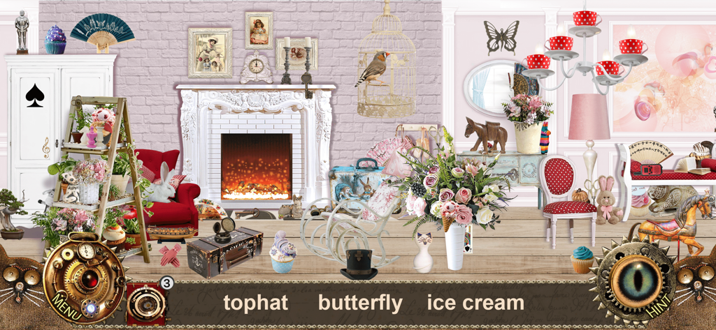 Gameplay-Bildschirm von Wimmelbildspielen mit Alice, der ein gemütliches viktorianisches Zimmer mit zu findenden Gegenständen wie einem Zylinder und einem Schmetterling zeigt.