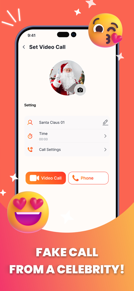 Interface for setting up a fake video call from Santa Claus in the OMG Prank App
