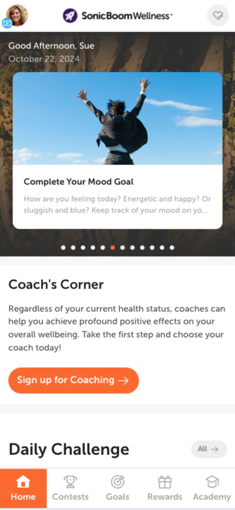 Sonic Boom Wellness - Sonic Boom Wellness mobile app home dashboard featuring mood goals and wellness coaching.