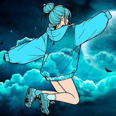 realistic girl jumping with a bun and oversized sweatshirt