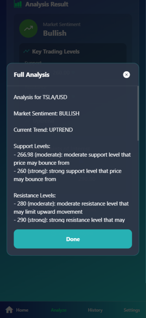 iTrade - AI Trading Assistant - AI-generated trading analysis for TSLA showing bullish sentiment and support levels in the iTrade app