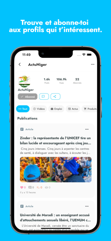 Qwiper - Smartphone screen displaying a local community profile on the Qwiper app with news articles, videos, and job listings.