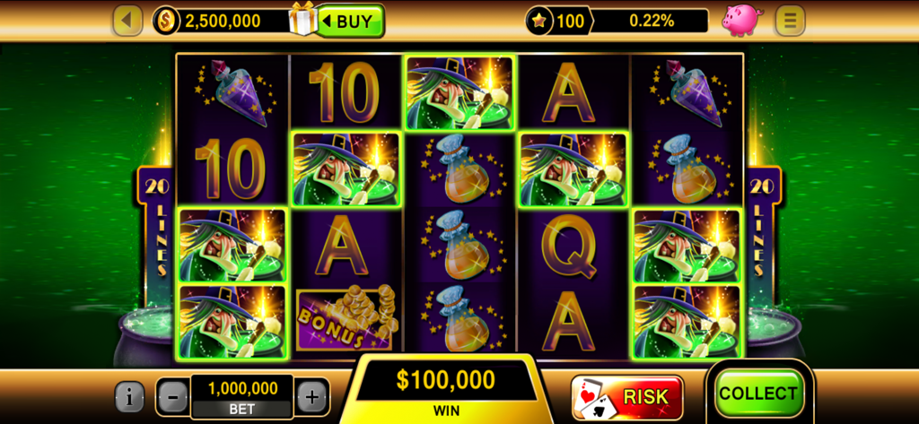 Slots online: Fruit Machines - A witchcraft themed slot machine gameplay showing a witch character and a big win of one hundred thousand dollars