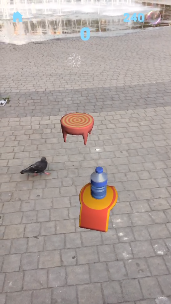 Gameplay de AR Bottle Flip montrant une bouteille et une cible virtuelles sur un trottoir du monde réel.