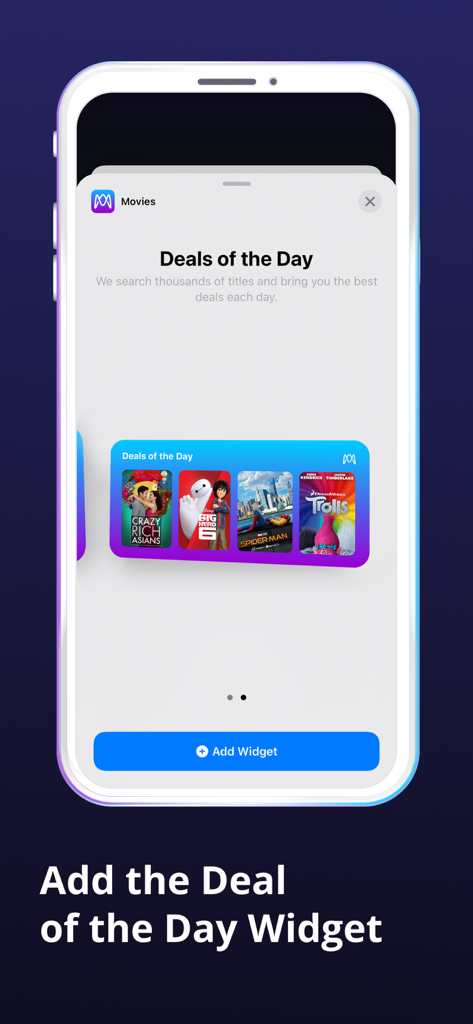 Movies Anywhere - Schermata dell'app Movies Anywhere che mostra l'anteprima del widget 'Offerte del Giorno' e il pulsante per aggiungere il widget.