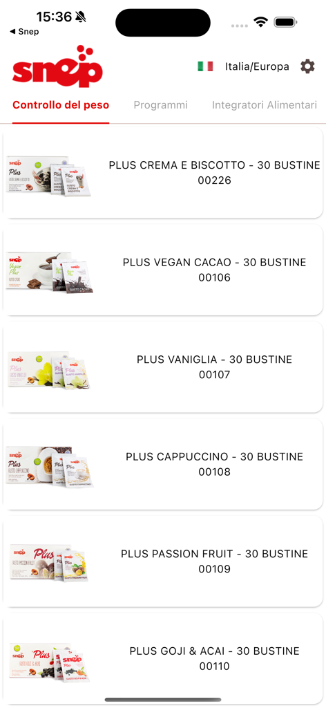 Snep - Snep mobile app screen displaying a catalog of weight control supplements in various flavors like cacao and vanilla.