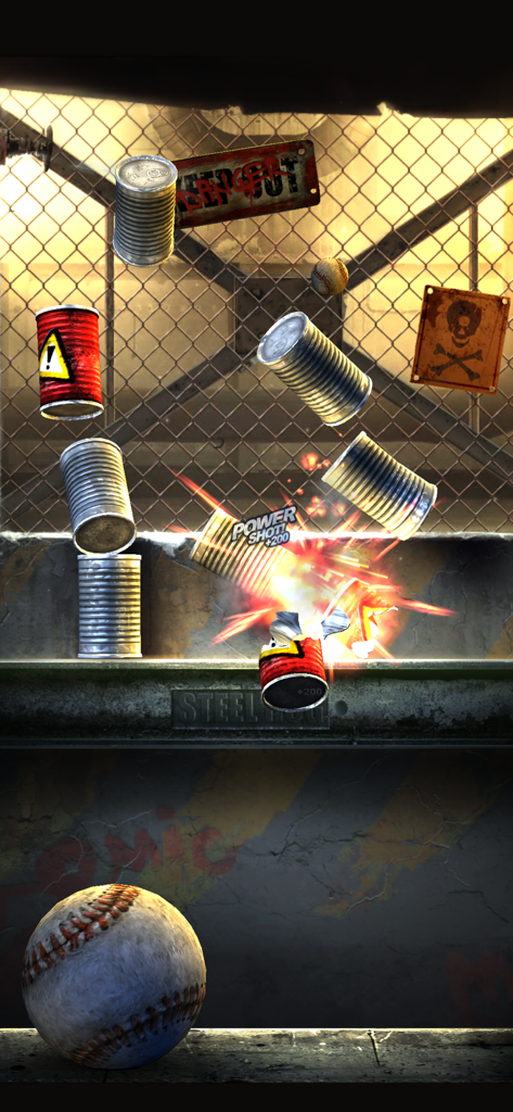 Jugabilidad llena de acción de Can Knockdown 3 con una explosión de disparo potente golpeando latas de metal.