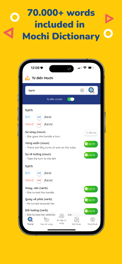 Smartphone screen displaying the Mochi Dictionary feature in the MochiVocab app with definitions for the word turn