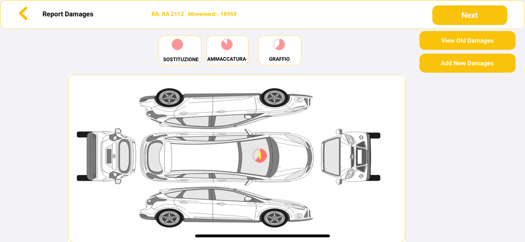 MyRent The Car Rental Software - Interfaccia dell'app MyRent per la segnalazione di danni ai veicoli con diagramma dell'auto multi-vista e pulsanti di classificazione dei danni