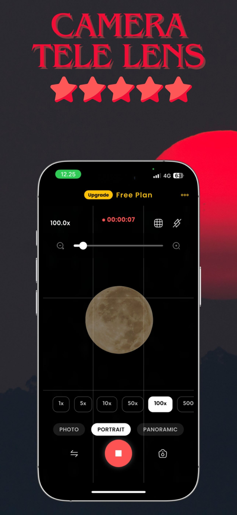 Tele Camera : 1000x Ultra Zoom - iPhone screen displaying the Tele Camera app interface with a 100x zoom focus on the moon against a red sky and mountain background