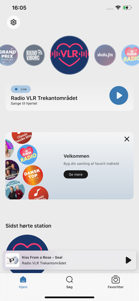 VLR-Radio-App-Startbildschirm mit Stationsauswahl und aktuell gespielter Musik