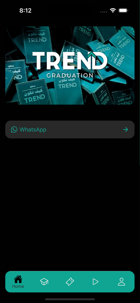 Home screen of the Trend Grads mobile app featuring the graduation logo and bottom navigation bar