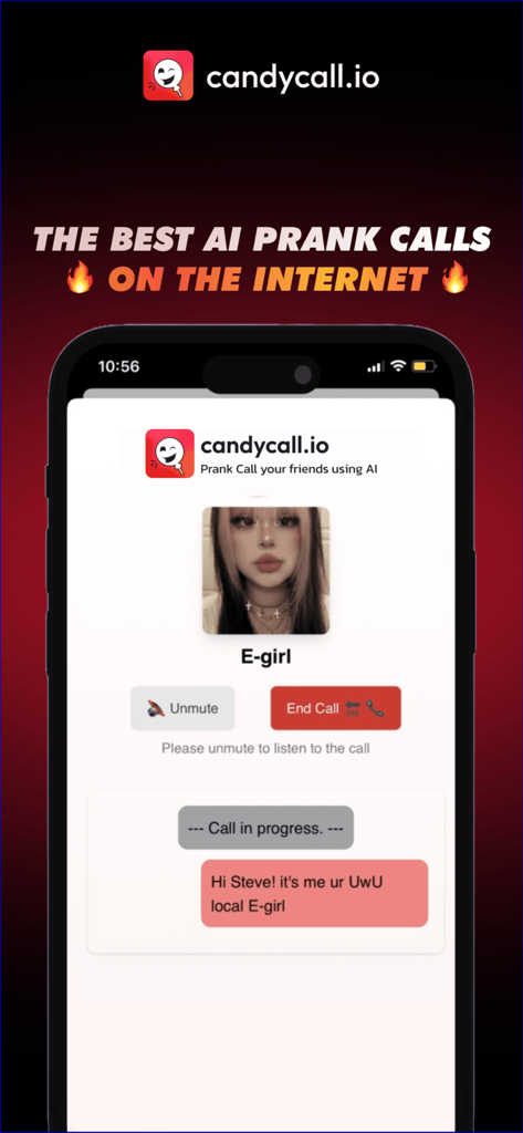 CandyCall - AI Prank Calls - Smartphone screen showing CandyCall app interface during an active AI prank call with an E-girl character