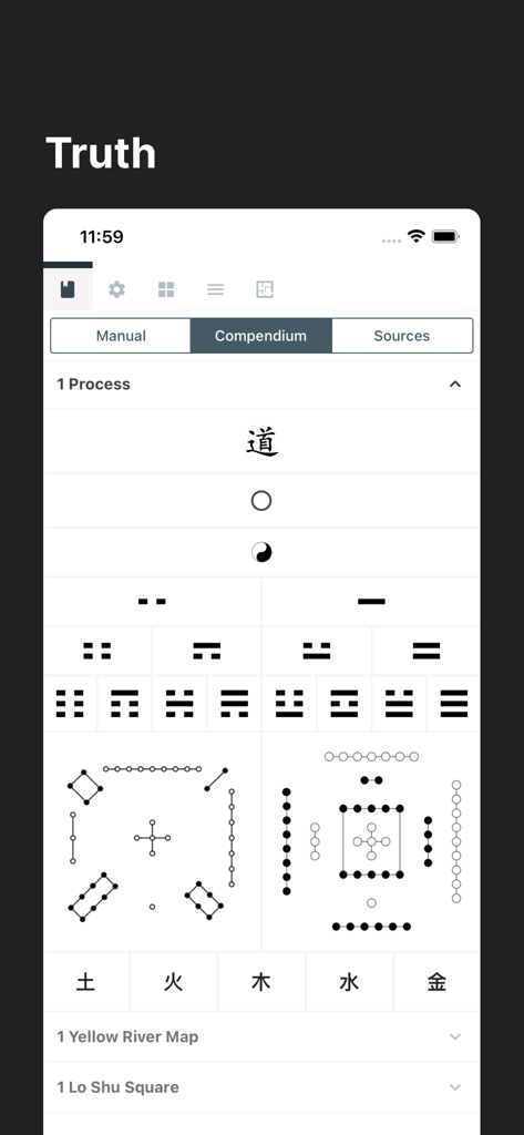 sp8cetime - A minimalist interface from the sp8cetime app showing Chinese metaphysical symbols and I Ching diagrams