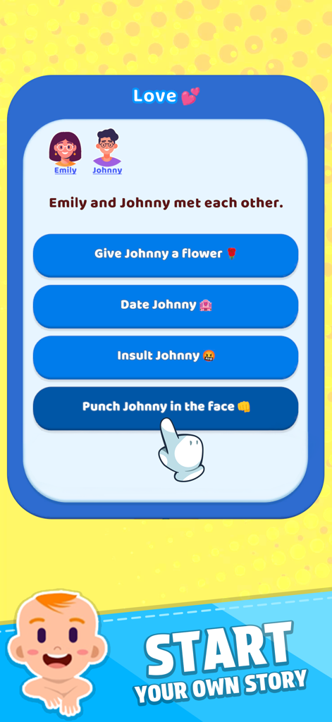 Family Life! - Life simulator game screen showing relationship choices for character Emily when meeting Johnny.