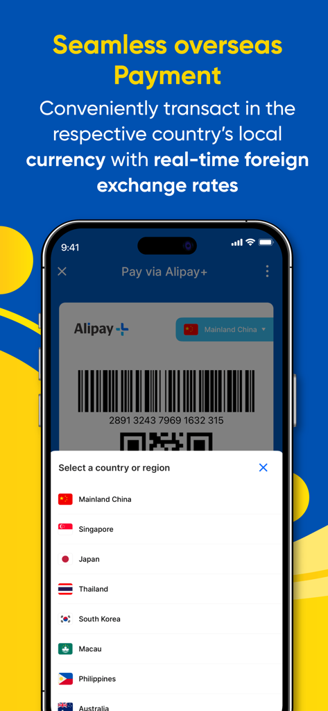 TNG eWallet app showing seamless overseas payment feature with a list of supported countries like China Japan and Singapore