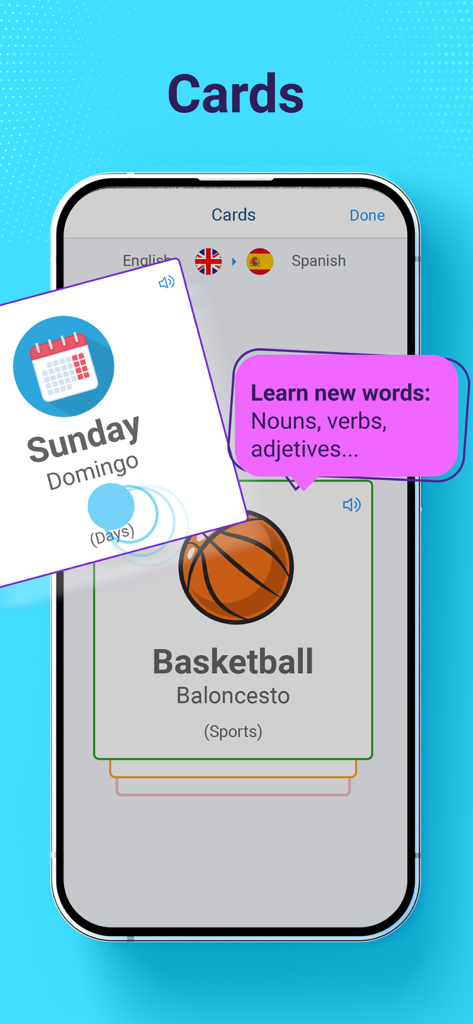 AI Voice Translator Translate - Vocabulary flashcards in the AI Voice Translator app showing English to Spanish translations for learning words