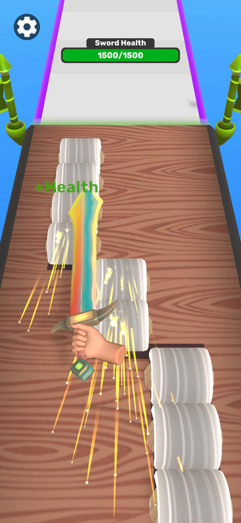 A colorful elemental sword cutting through white obstacles in Sword Melter gameplay