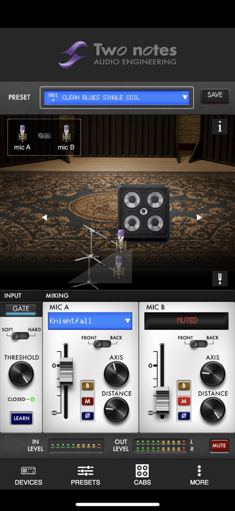 Torpedo Wireless Remote - Oberfläche der Torpedo Wireless Remote App, die Einstellungen zur virtuellen Mikrofonplatzierung und Cabinet-Anpassung zeigt.
