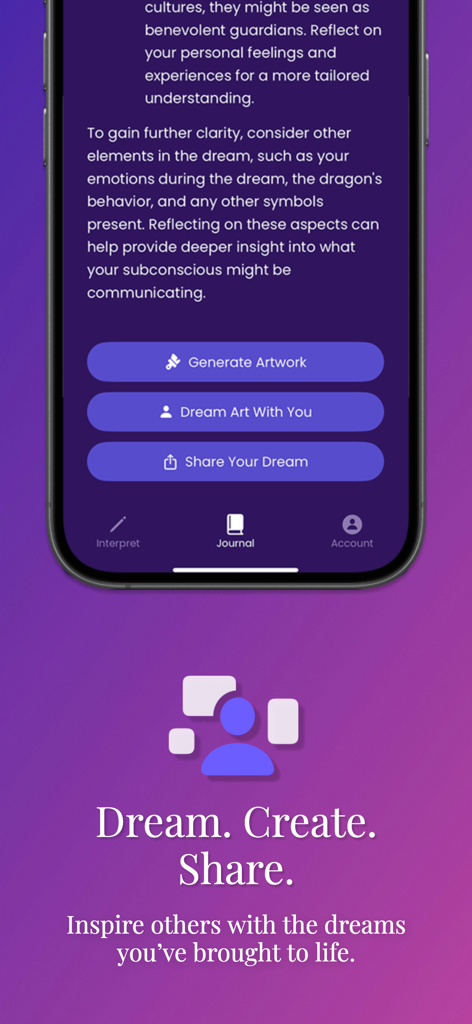 Dream Interpreter AI - Interface of the Dream Interpreter AI app showing dream interpretation and options to generate artwork or share results