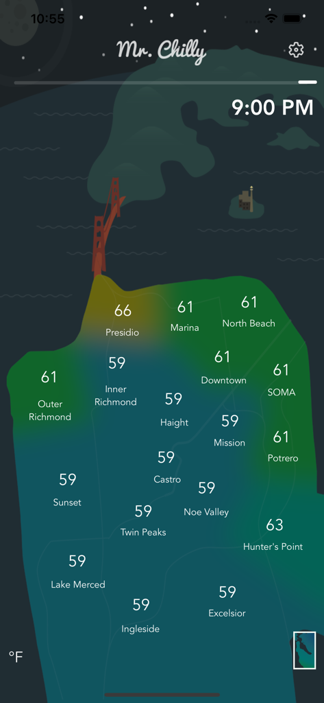 Mr. Chilly app showing a San Francisco microclimate temperature heatmap at night.