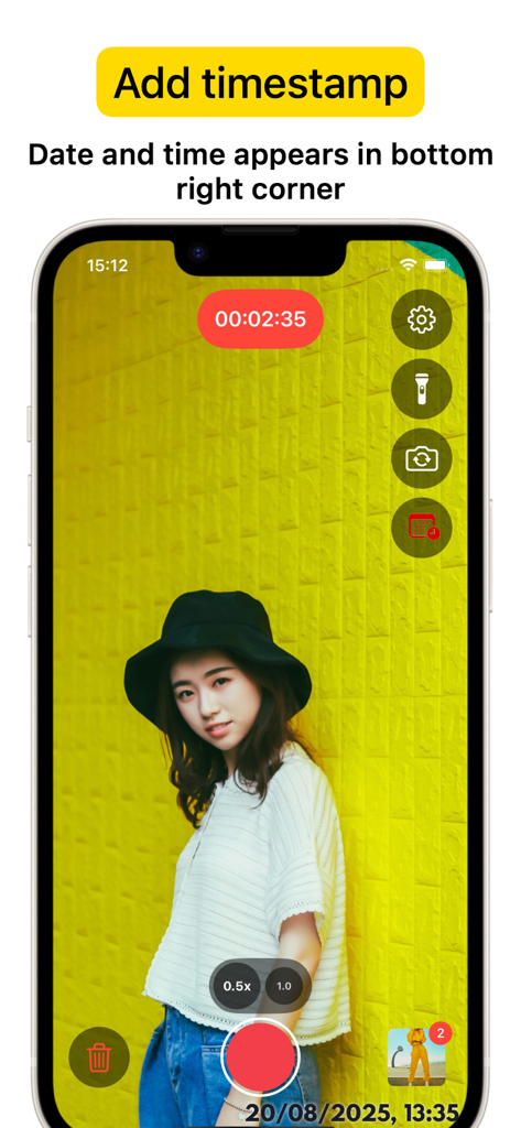 iPhone screen showing VideoCam plus app interface with a recording session and a date and time timestamp in the bottom right corner