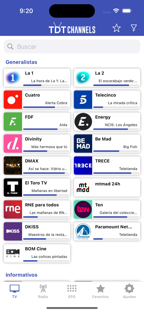 TDTChannels - TDTChannels mobile app interface displaying a list of live Spanish television channels including La 1 and Telecinco