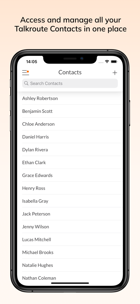 Talkroute app interface showing a list of business contacts for professional communication management