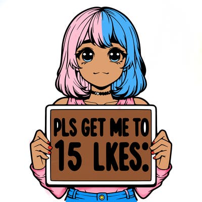 realistic girl holding up a sign that says “pls get me to 15 likes!”