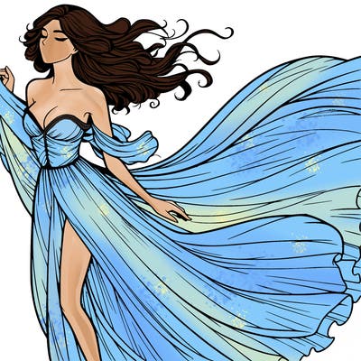 realistic woman in dress flowing the the wind