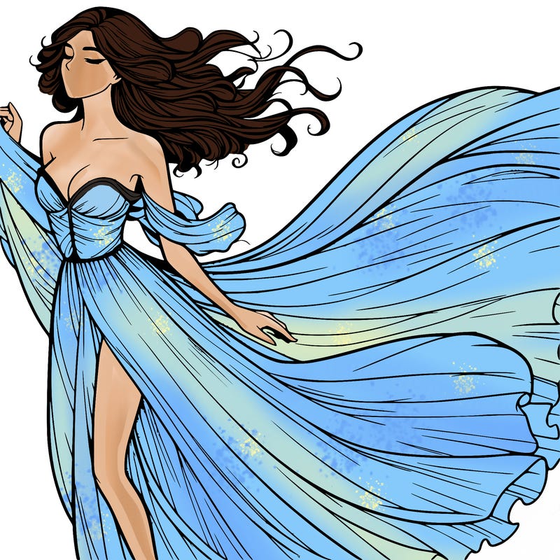 realistic woman in dress flowing the the wind