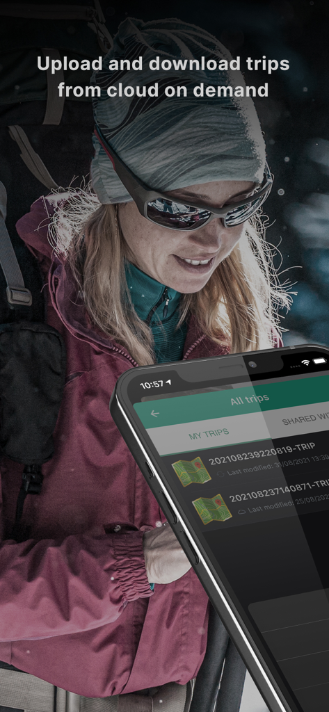 BackCountry Navigator XE app interface displaying a list of saved trips with cloud synchronization feature