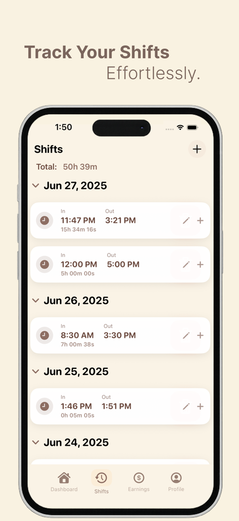 Timely - Track Your Hours - Ein Bildschirm, der eine Liste von verfolgten Arbeitsschichten mit Daten und Zeiten in der Timely App zeigt
